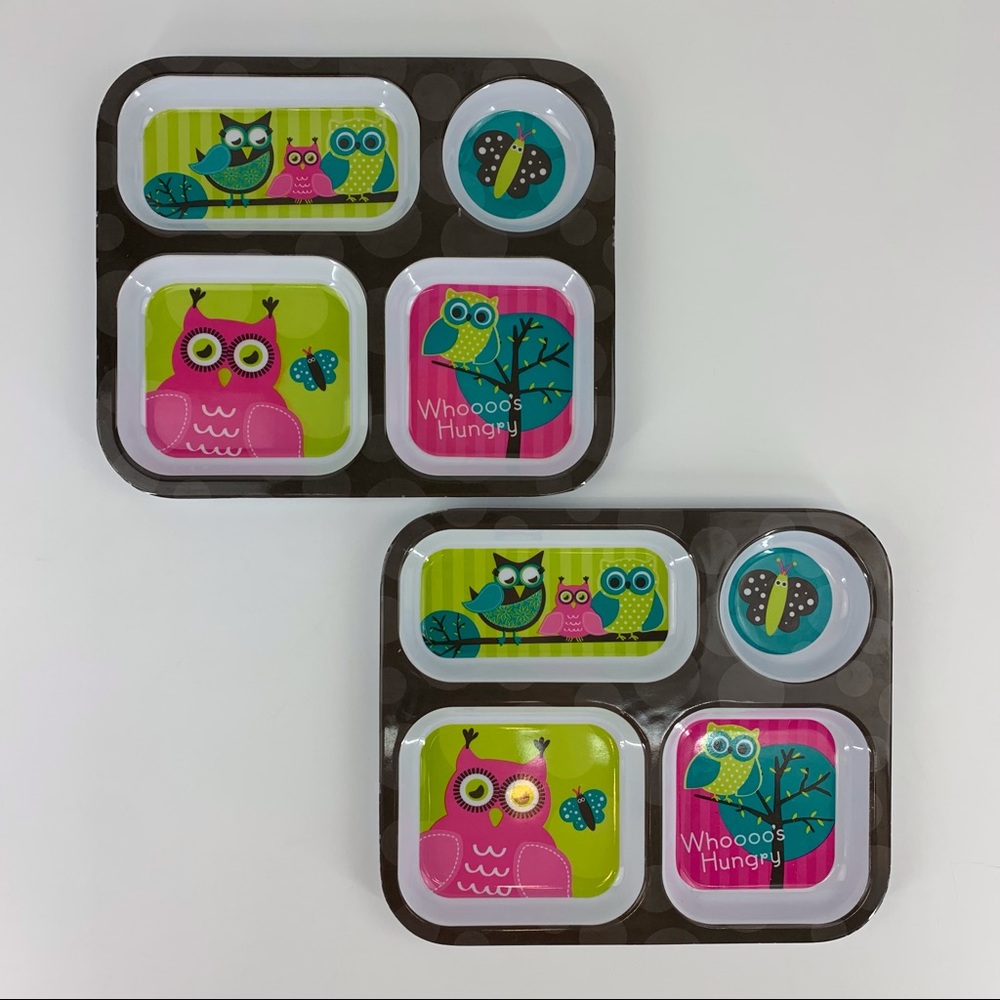 Whoooo's Hungry Owl-Themed Melamine Kid's Divided Trays, Set of 2